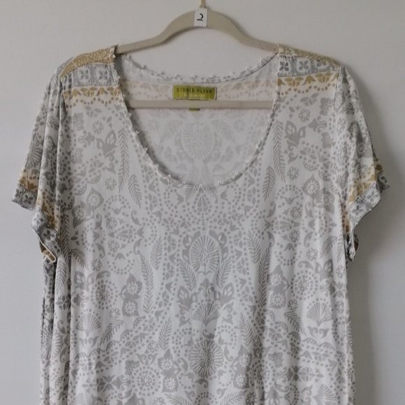 Sigrid Olsen Signature Womens Aqua Gray Round Neck Tribal Print Top Size XL - Picture 2 of 7